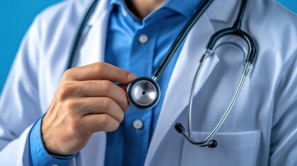 A doctor in a white coat holding a stethoscope, symbolizing healthcare and medical professionalism.