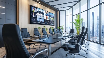 A view of a modern conference room with a large screen displaying a virtual meeting