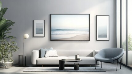 Modern Living Room with Beach Themed Artwork and a White Sofa