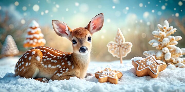 Whimsical of a cute fawn in a winter wonderland surrounded by gingerbread cookies and snowflakes, winter