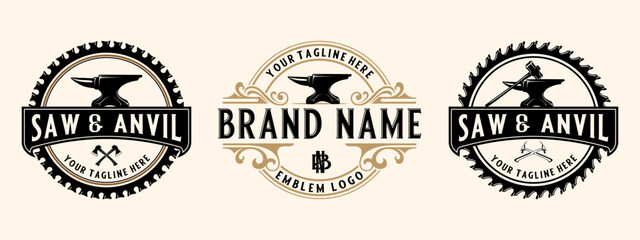 Obraz premium Set Blacksmith vintage logo. Ax hammer anvil and saw icon, for blacksmithing, iron and metal work