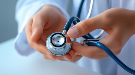 Close-up of hands holding a stethoscope, symbolizing healthcare and medical examination. Ideal for health-related themes.