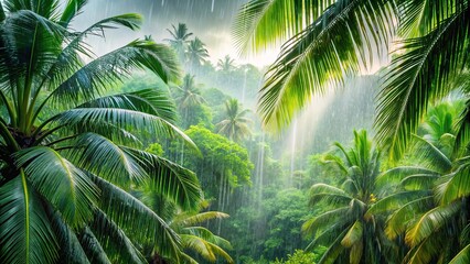 Fototapeta premium Rain falling in a lush forest with green leaves and palm trees, rain, forest, tropical, green, leaves, palm trees, nature