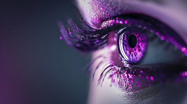 A modern and minimalist photograph of a purple eye, designed with ample copy space for adding personalized elements.