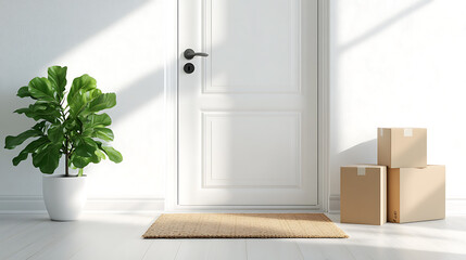 A white door with a brown mat in front of it