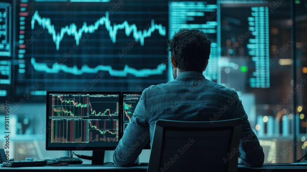 Poster Man Analyzing Stock Market Data on Multiple Computer Screens