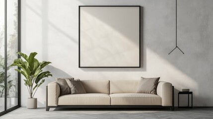Minimalist Living Room with White Couch, Black Frame and End Table