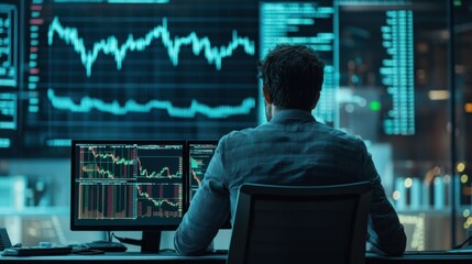 Man Analyzing Stock Market Data on Multiple Computer Screens