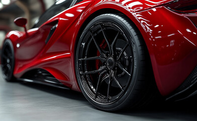 Sports car in yellow, red, black. An advertisement for a car dealership.