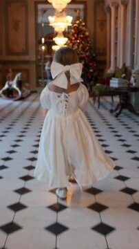 A cute little girl in a beautiful white dress runs forward, Christmas mood, Christmas tree dressed up for the holiday
