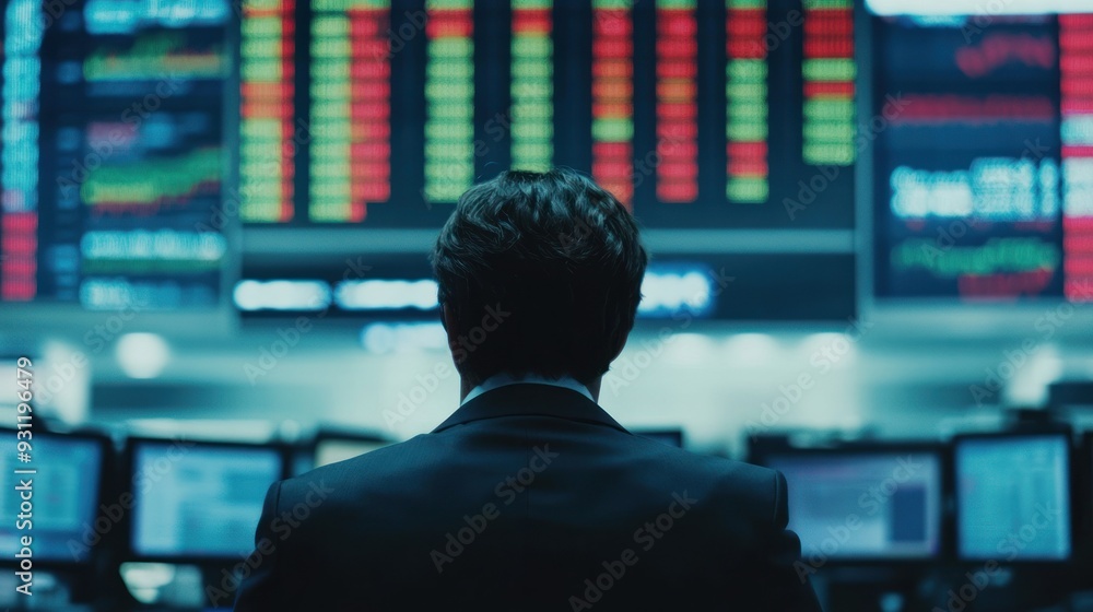 Poster man in suit observing a stock market display