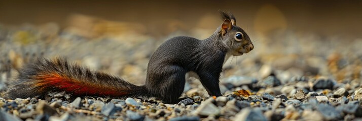 Fototapeta premium A melanistic eastern gray squirrel displaying a red tail sits on gravel, highlighting a distinctive genetic pigmentation variation.