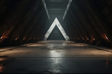 A long, dark, industrial corridor with a triangular opening at the end.