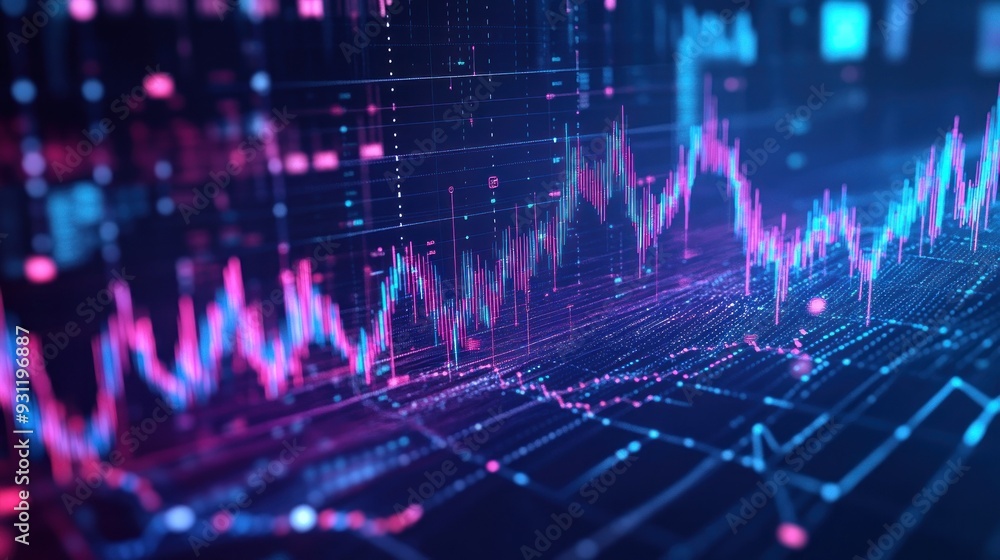 Poster Abstract Digital Data Visualization with Pink and Blue Lines and Dots