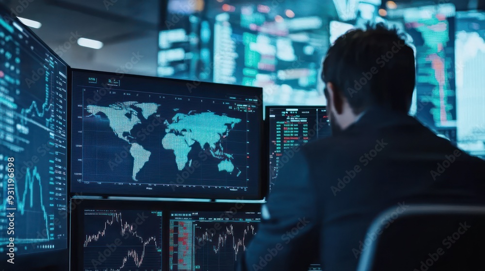 Poster a man looking at global financial data on multiple monitors