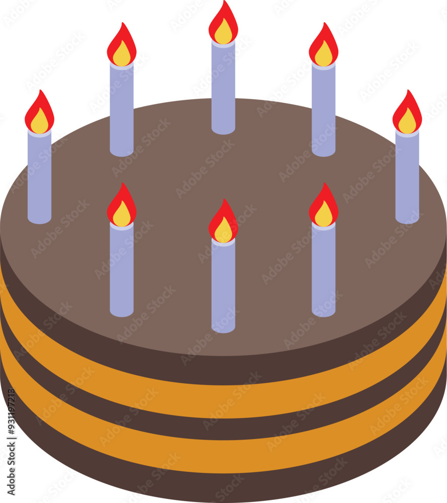 Sticker round layered chocolate birthday cake with nine burning candles is shown in this isometric icon