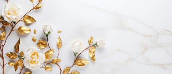 A top view of a luxurious marble background with a mix of white and golden roses. Wedding, celebration, invitation card. 