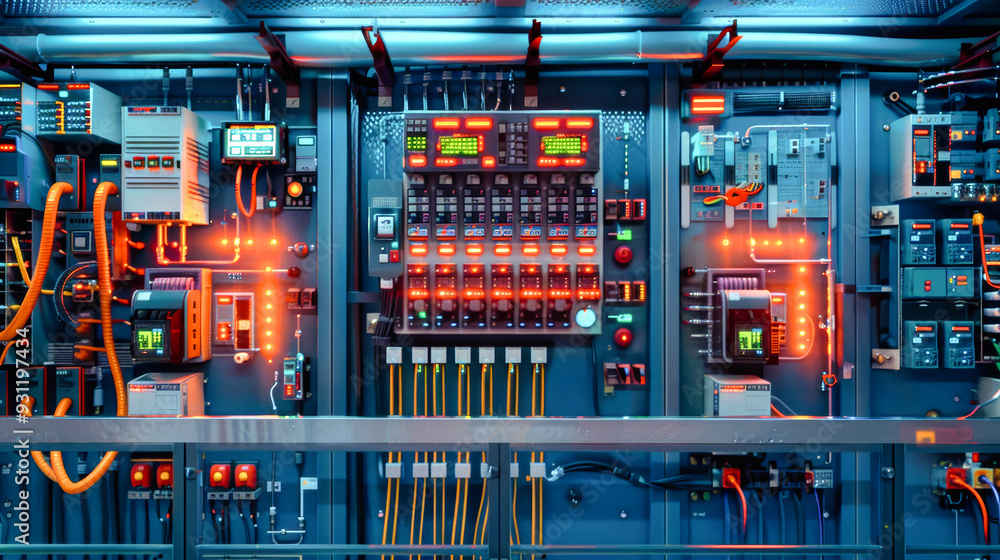 Poster the industrial control cabinet features an array of wires and panels, illuminated in blue, enhancing