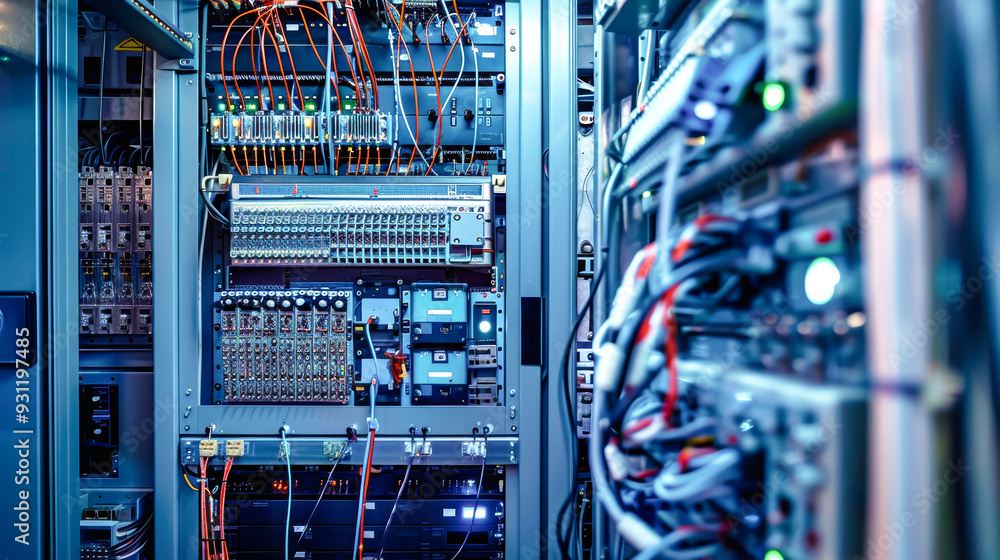 Aufkleber an open control cabinet reveals a complex network of wires connecting various electronic devices in 