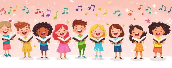 Fototapeta premium A joyful group of children singing together, celebrating music with laughter and harmony against a colorful background.