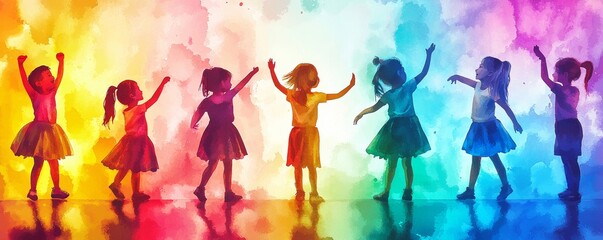 A joyful group of girls in colorful dresses dancing against a vibrant, watercolor background, celebrating happiness and movement.