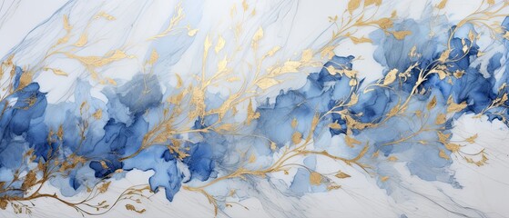 An exquisite marble background in shades of blue and gold, with vibrant bluebells and gilded leaves. 