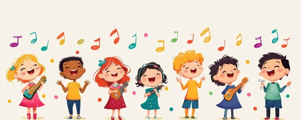 Fototapeta premium Cheerful children singing and playing instruments, expressing joy and creativity through music, with colorful notes surrounding them.