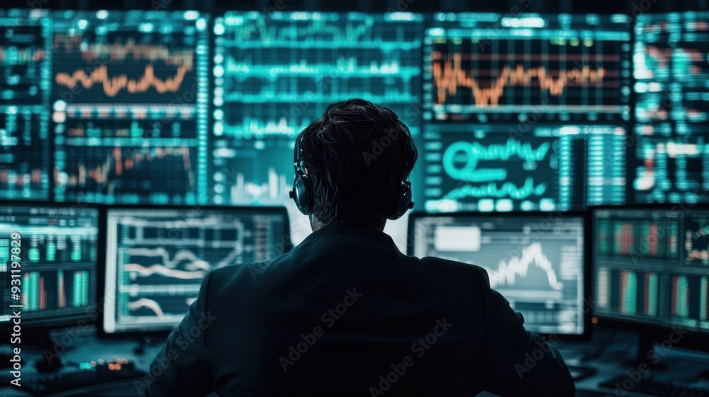 Aufkleber A Person Sitting in Front of a Wall of Computer Screens Showing Financial Data