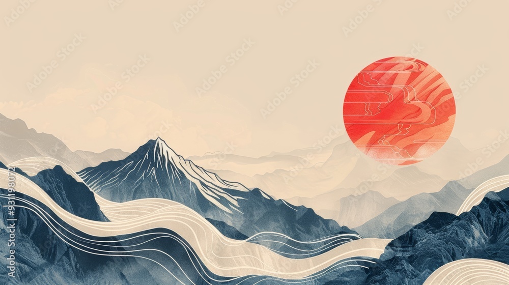 Poster japanese background with wave line pattern vector. abstract template with geometric patterns. mounta