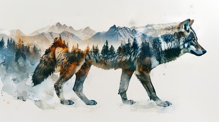 A double exposure watercolor of a wolf with a mountain landscape inside its silhouette, the wolf's form blending with rugged mountain peaks, soft and expressive brushwork,