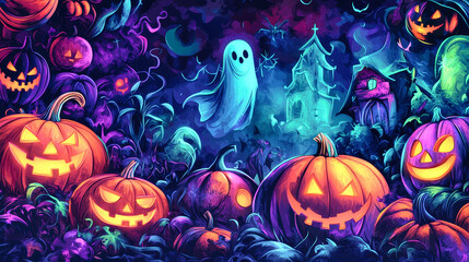 Obraz premium Colorful Halloween elements come to life with playful pumpkins, friendly ghosts, and spooky ghouls against a vibrant abstract backdrop celebrating the festive season