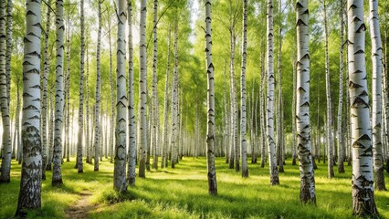 Fototapeta premium Tall and elegant silver birch trees in a forest clearing, nature, birch, trees, forest, foliage, tranquil, serene