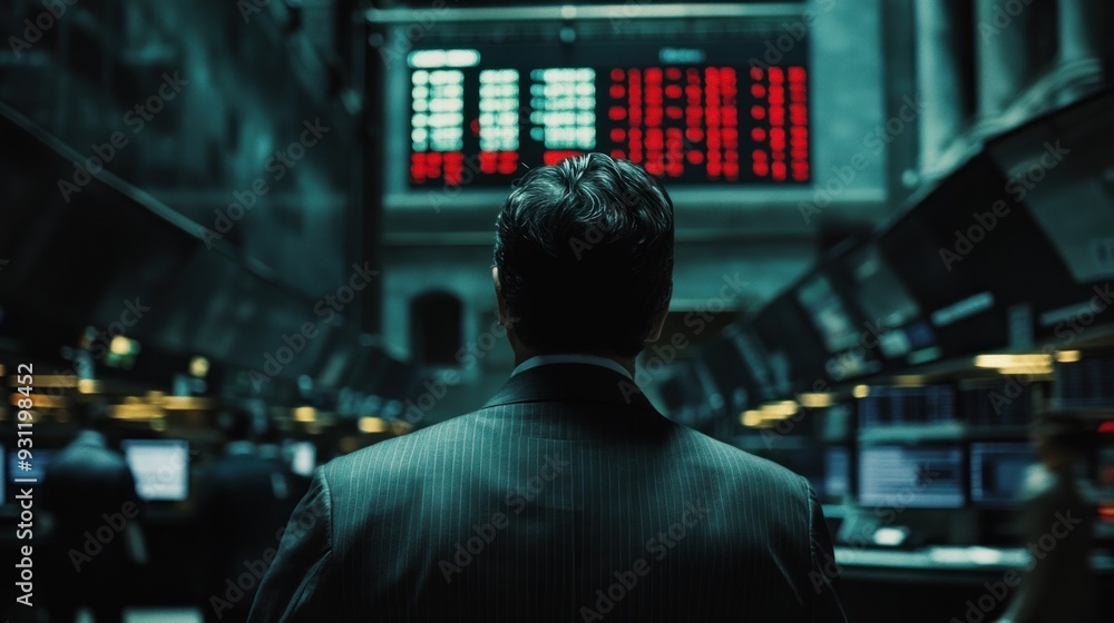 Poster a man in a suit stands before a red digital display