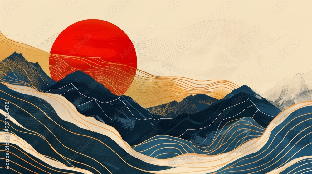 Poster japanese background with wave line pattern vector. abstract template with geometric patterns. mounta
