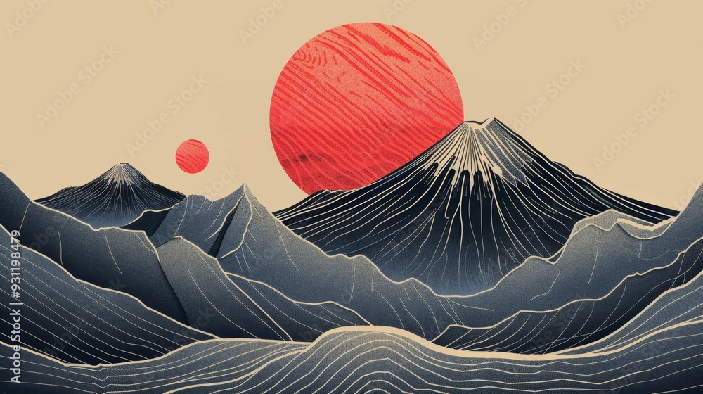 Poster japanese background with wave line pattern vector. abstract template with geometric patterns. mounta