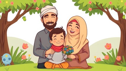 Muslim family, cartoon style, to illustrate children's books for example.