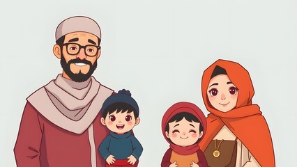 Muslim family, cartoon style, to illustrate children's books for example.