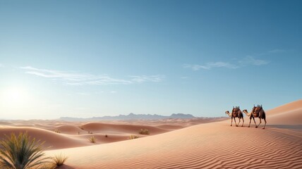 Vast desert landscape with dunes, camel caravan, and scorching sun.