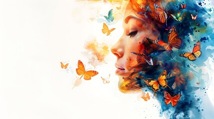 A double exposure watercolor of a woman's face intertwined with butterflies, the butterflies blending with her hair, expressive brushwork, bright oranges, blues, and yellows, intricate textures,