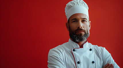 Confident Professional Chef Posing in Culinary Uniform on Vibrant Red Background