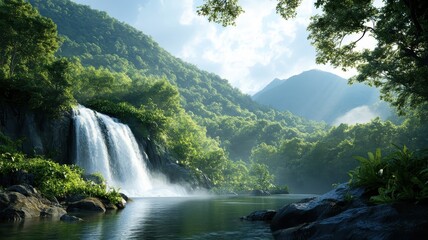 Fototapeta premium A banner capturing the majesty of a tropical rainforest, with a cascading waterfall and sunlight filtering through the dense foliage.