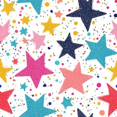 Seamless pattern of cute cartoon stars and polka dots in bright neon colors