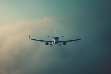 Aerial view of airplane in the sky, Front view of plane on cloud with sunlight.	