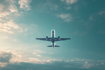 Naklejka premium Aerial view of airplane in the sky, Front view of plane on cloud with sunlight. 