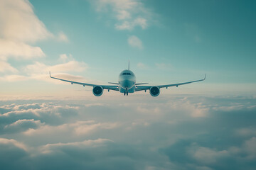 Aerial view of airplane in the sky, Front view of plane on cloud with sunlight.	