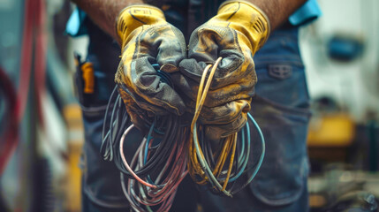Skilled electrician grips a collection of colorful wires, ready to tackle electrical tasks in a vibrant, bustling workspace filled with tools