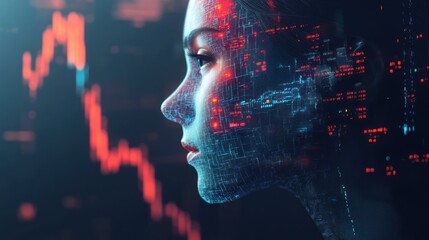 Digital Grid Overlay on Female Profile with Red Data Stream in Background