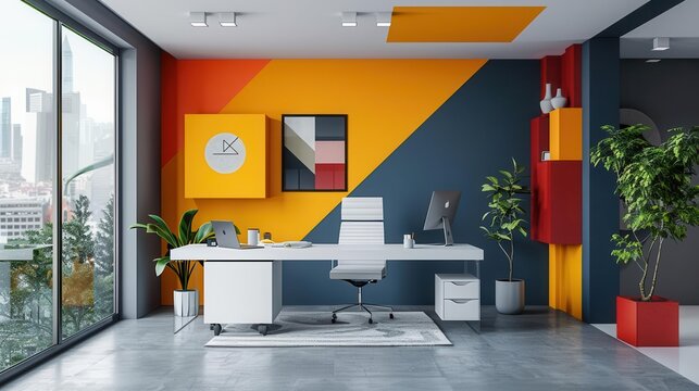 Modern Office Interior with Geometric Wall Decor - A minimalist office space with a sleek desk white chair and a decorative wall mural featuring geometric shapes and the word Bunes