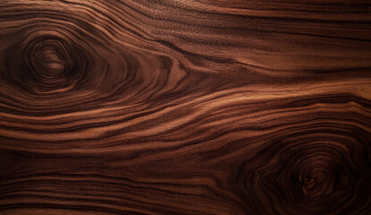 Close up of dark brown wood grain with two knots.