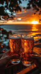 Cheers to a sunset! Friends clinking beer glasses as the sky turns orange.